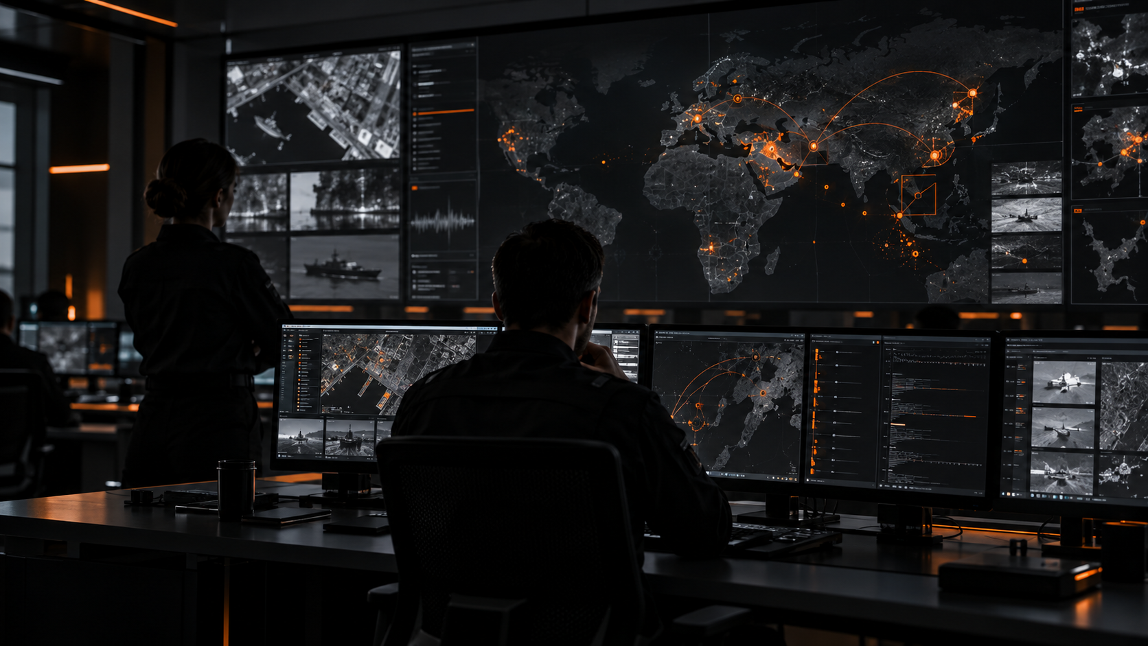 Two operators in a dark national-security operations center monitoring an escalating event across large screens
