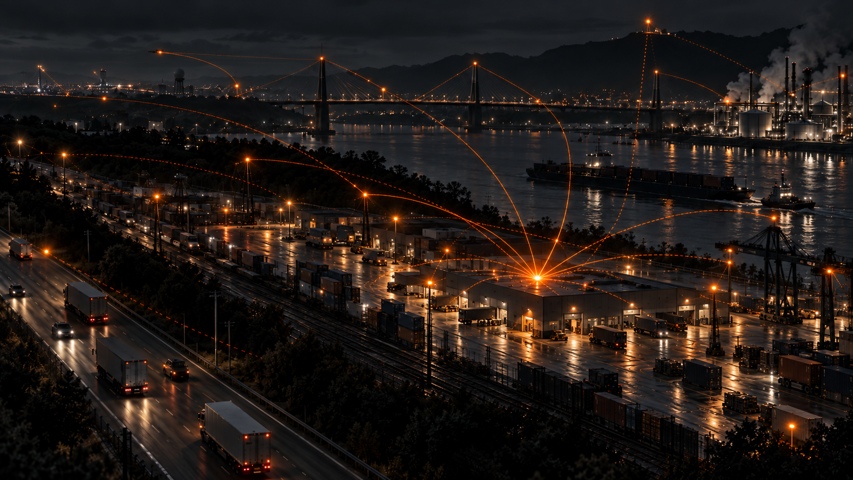 A dark port and logistics complex where an anomaly at a fixed facility triggers intensified orange sensing and response pathways