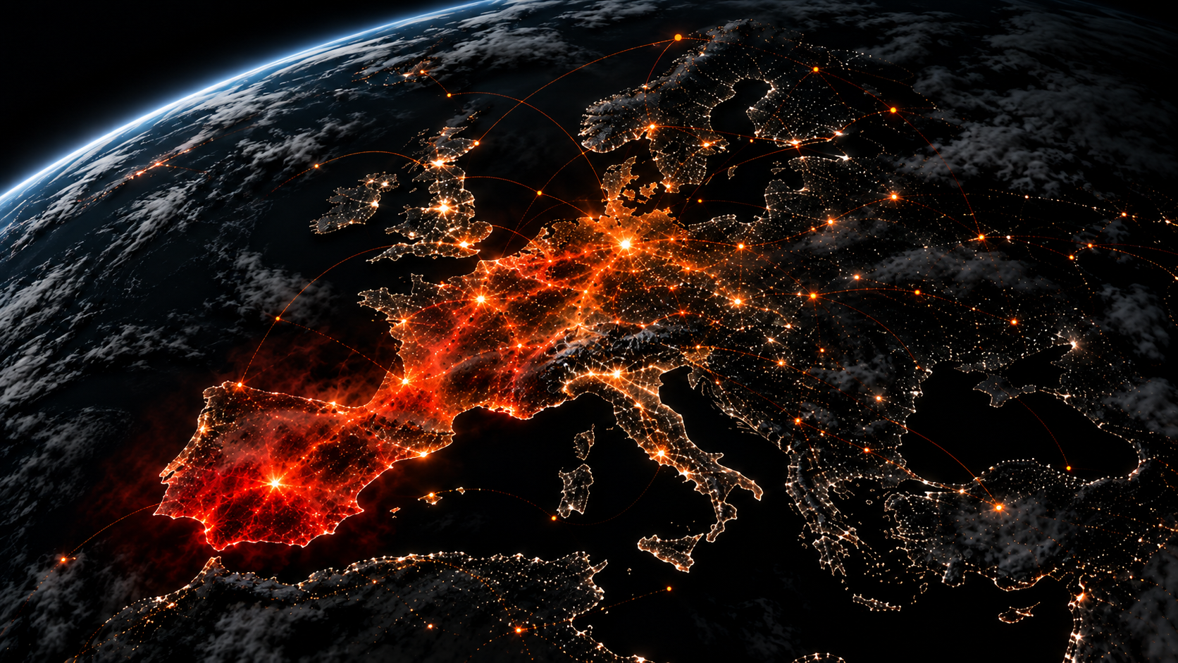 Europe at night with an uneven red disturbance originating in southern Spain and spreading into France and central Europe