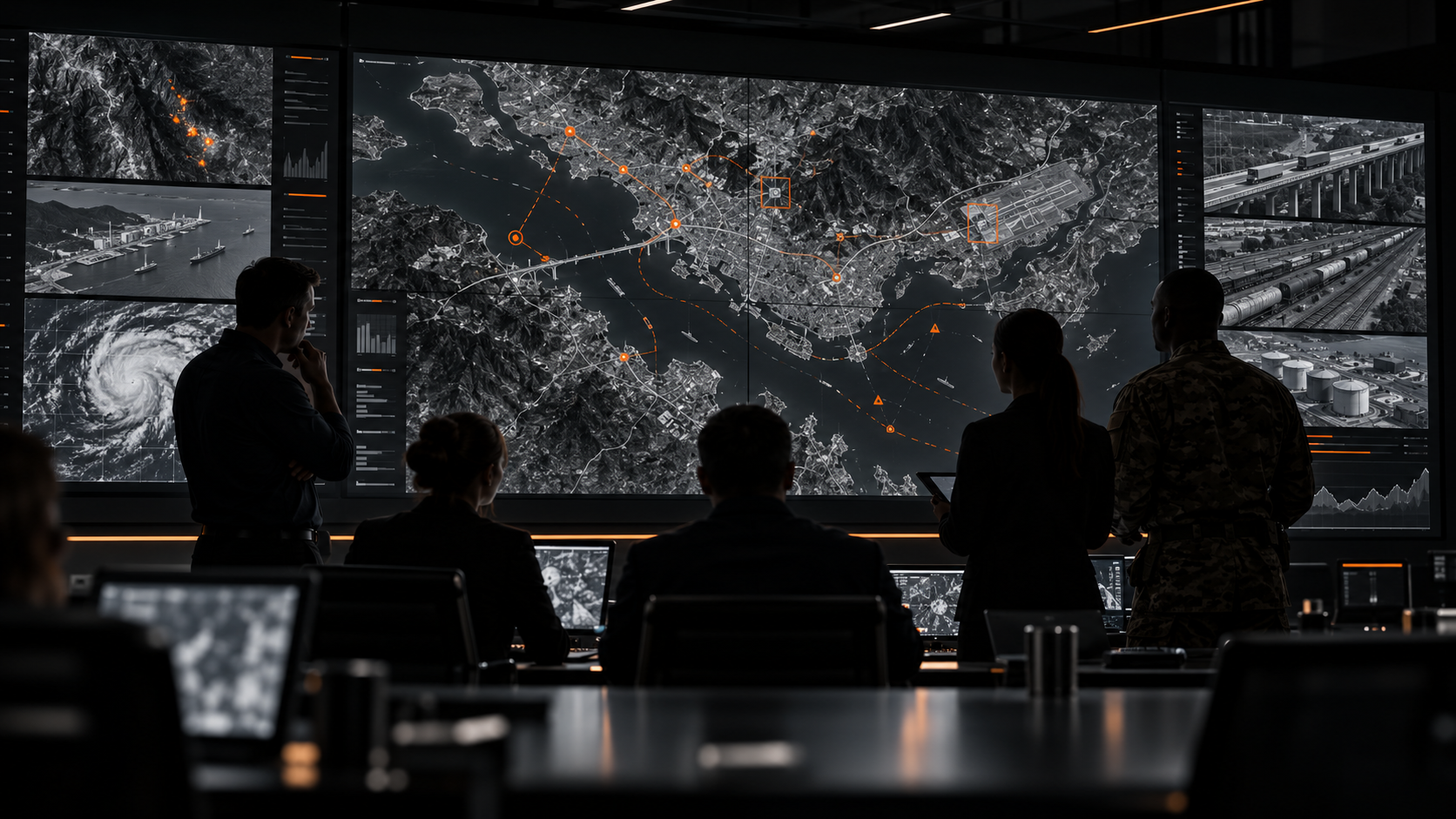 Government, defense and institutional personnel collaborating around a shared operational display