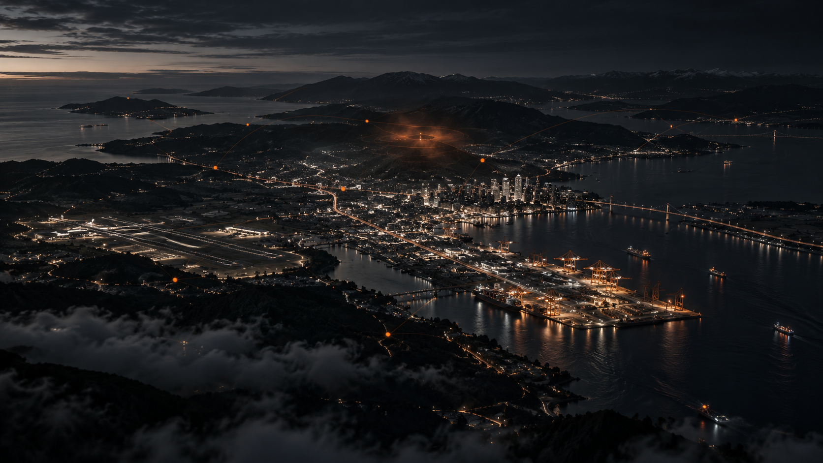 A dark coastal metropolitan region at night with an emerging orange anomaly and subtle intelligence paths connecting critical infrastructure